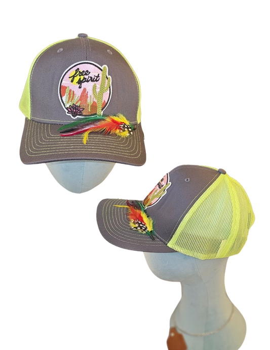 'Free Spirit' cactus trucker cap with custom feather pin