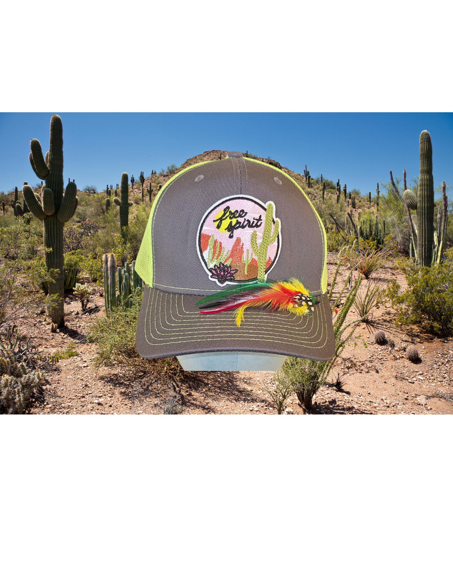 'Free Spirit' cactus trucker cap with custom feather pin