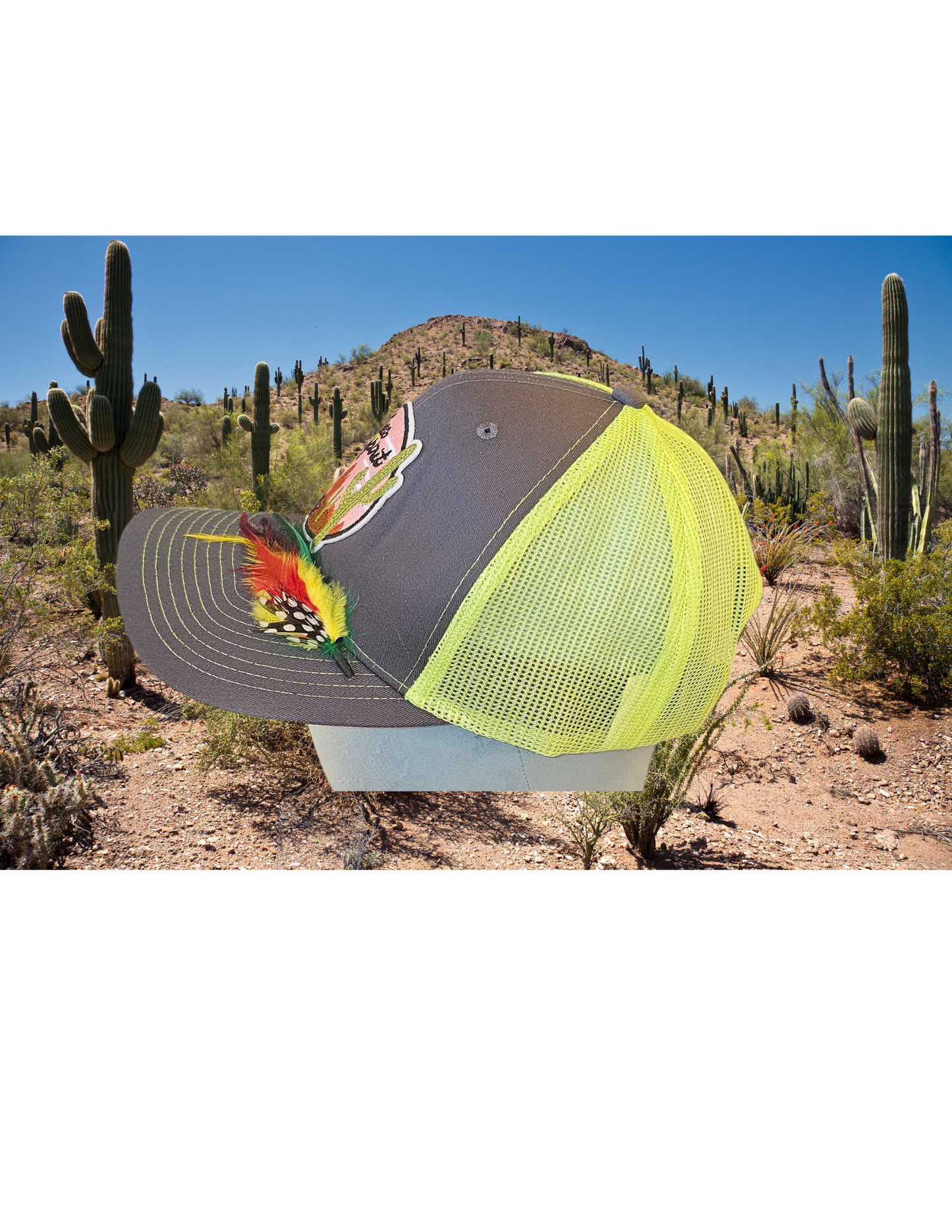 'Free Spirit' cactus trucker cap with custom feather pin